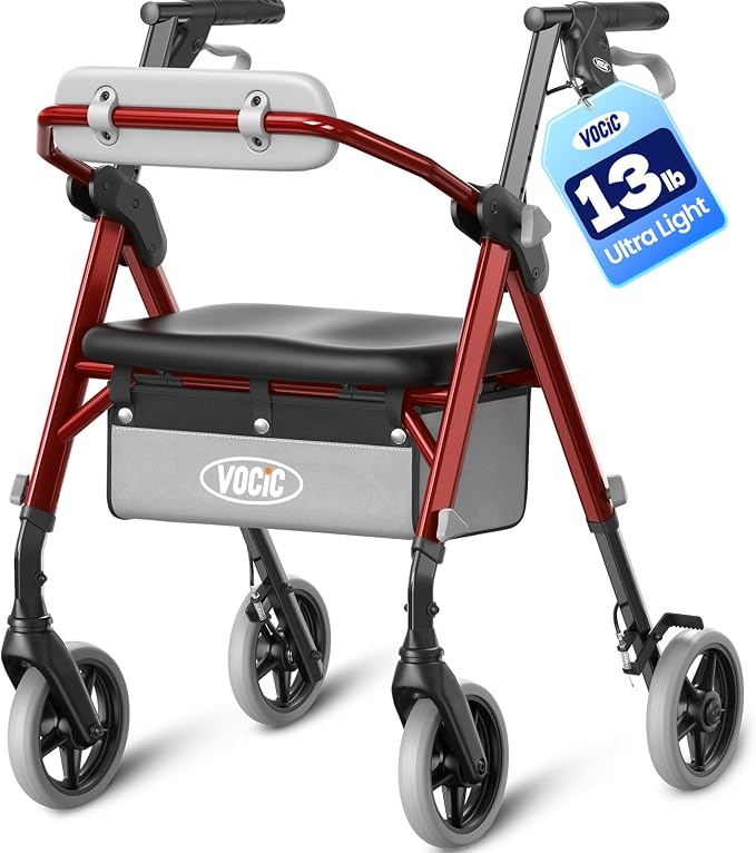 VOCIC Z12 Walker for Seniors with Seat, 13.4 LBS Ultra Light, 350 LBS | Ergo Seat & Backrest for Comfort, Height Adjustable & Easily Foldable for Seniors, All Terrain Wheels, Silver