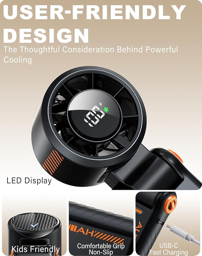 Portable Handheld Turbo Fan - 5 Speed Mini Personal Fan with Strong Airflow, Foldable 3 in 1 Rechargeable Battery Operated Trave Essentials Hand Fans for Indoor/Outdoor Use, Black