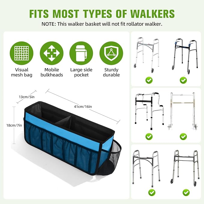 CTWWFS Upgrade Walker Basket with Cup Holder, Foldable Walker Storage Bag for seniors with Big Capacity & Never Tipping Over, Best Gift for Family (Sky Blue)