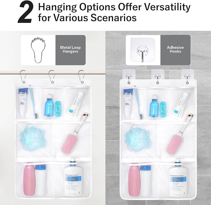 F-color 7-Pocket Mesh Shower Caddy - Hanging Shower Organizer for Cruise | Quick-Dry & See-Through Mesh for Toiletries, Fits Shower Rod Rings or Sticky Hooks for Bathroom & RV, Cruise Essentials 2026