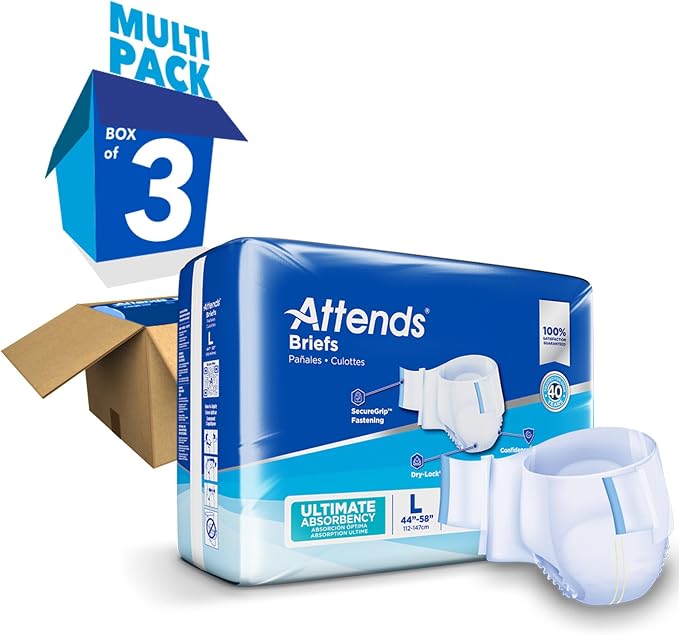 Attends Confidence® Adult Unisex Disposable SmartCool® Briefs, Large, 44"-58" Waist, SecureGrip Tab Closure, Ultimate Absorbency, Breathable Materials, 72ct Bag