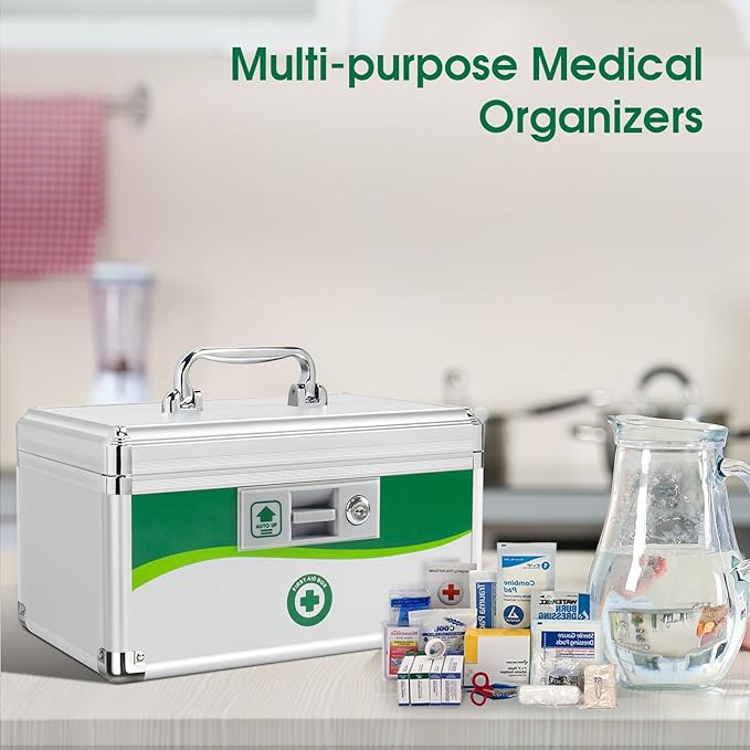 Medicine Lock Box with Keys, Medication Storage Lock Box, (Size-Medium 12 * 7 * 7.1inch) First Aid Safe Layered Aluminum Daily Medicine Lockable Box with Key
