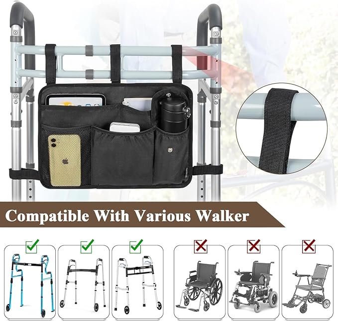 Walker Bag Multiple Pockets Walker Basket for Folding Walker with Cup Holder Bag for Walkers for Seniors Rollator Accessories Bag Black