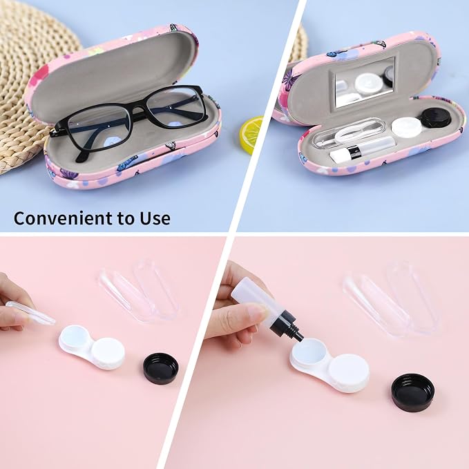 2 in 1 Contact Lens Case and Eyeglasses Case for Women Men Kids, Double Sided Hard Shell Portable Glasses Travel Holder with Built-in Mirror, Contact Lens Box (Pink Butterfly)