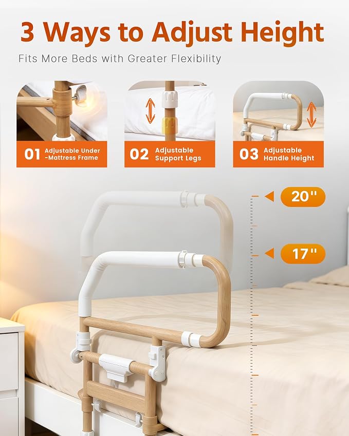 Sangohe Bed Rails for Elderly Adults Safety - Foldable Bed Rail for Senior & People Falling Out of Bed, Height Adjustable, Fits Thick Mattress, Hold up to 300 Lbs, KDB504M-F02FT