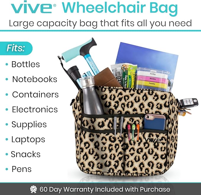 Vive Wheelchair Bag - Machine Washable, Double-Stitched, Water-Resistant Accessory Backpack for Rollators, Wheel Chairs, Walkers - Pouch with XL Pockets & Straps for Quick Installation