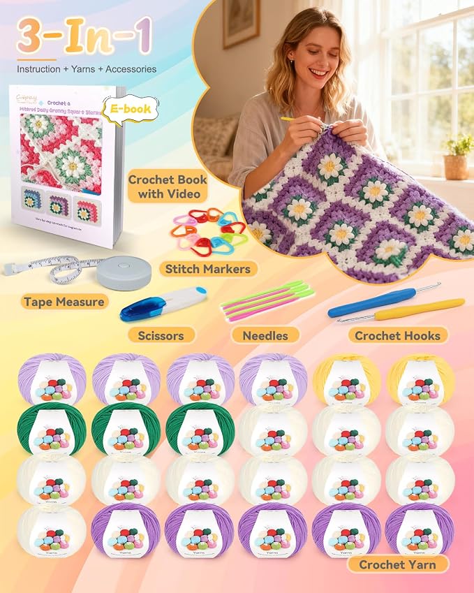 Coopay Crochet Blanket Kit for Beginners, Easy 3D Granny Square Blanket Kit | Crochet Kit W/Video Tutorial & Digital Instructions, All Accessories Included, Easy Knitting to Create Granny Square Blanket