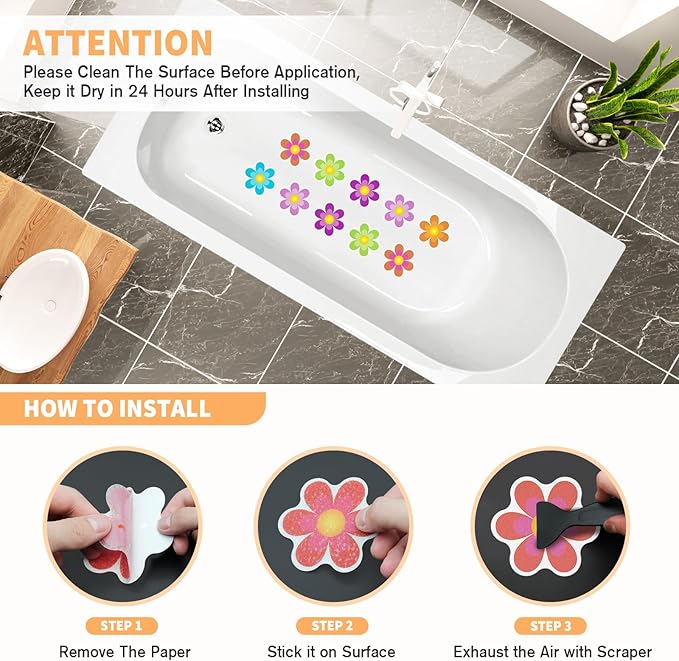 Non Slip Bathtub Stickers, 20 PCS Shower Stickers for Safety Bathroom Tubs, Bathtub Non Slip Stickers and Adhesive Decals Scraper for Bath Tub, Shower Floor(Bright Flowers)