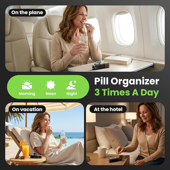Pill Organizer 3X a Day, Medicine Pill Organizer 7 Day, Weekly Pill Case with 21 Compartments for Medicine, Vitamin and Supplement, Full Black
