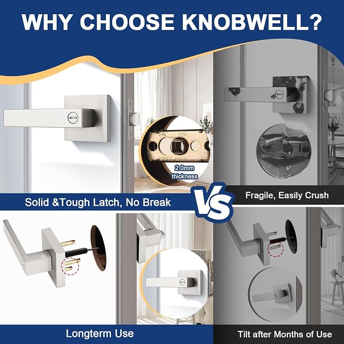 KNOBWELL 2 Pack Modern Square Door Handle Brushed Nickel, Privacy Interior Door Handle Bed and Bath Door Knob with Lock(No Key)