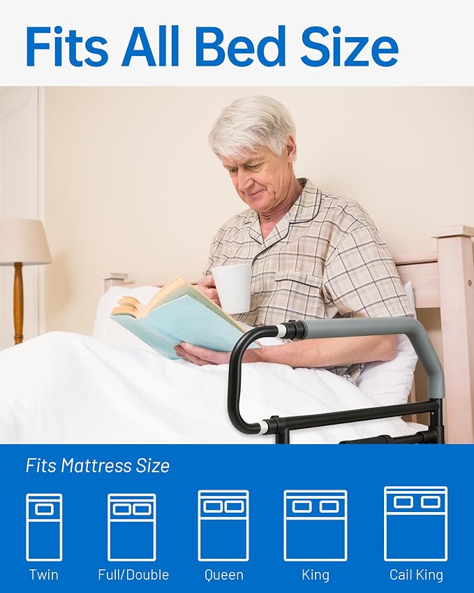 Safety Bed Rail for Elderly Adults - Foldable Bed Assist Rail with Adjustable Height & Storage Pocket, Bedside Support Handle for Seniors, Post Surgery Recovery & Fall Prevention