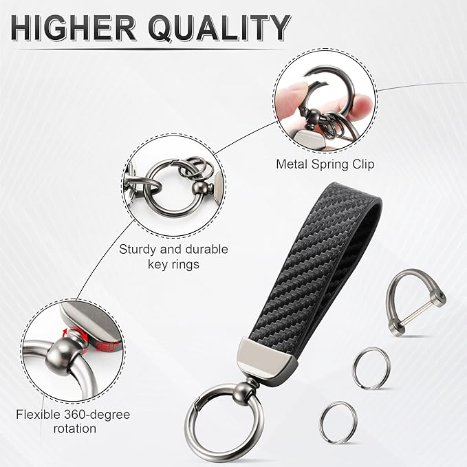 JUSTTOP Leather Keychain, Carbon Fiber Car Key Chain with Anti-Lost D-Ring and 2 Key Ring, Keychain Wristlet, Car Accessories, Universal Keychain for Men and Women (Black)