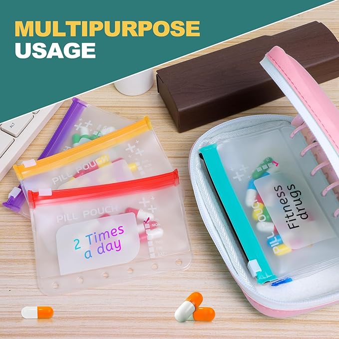A7 Waterproof Pill Organizer with 7 PCS L Size Zippered Pill Pouches for A7 Binder, Large BPA-Free Weekly Medicine Organizer, Color-Coded Reusable Travel Pill Storage System