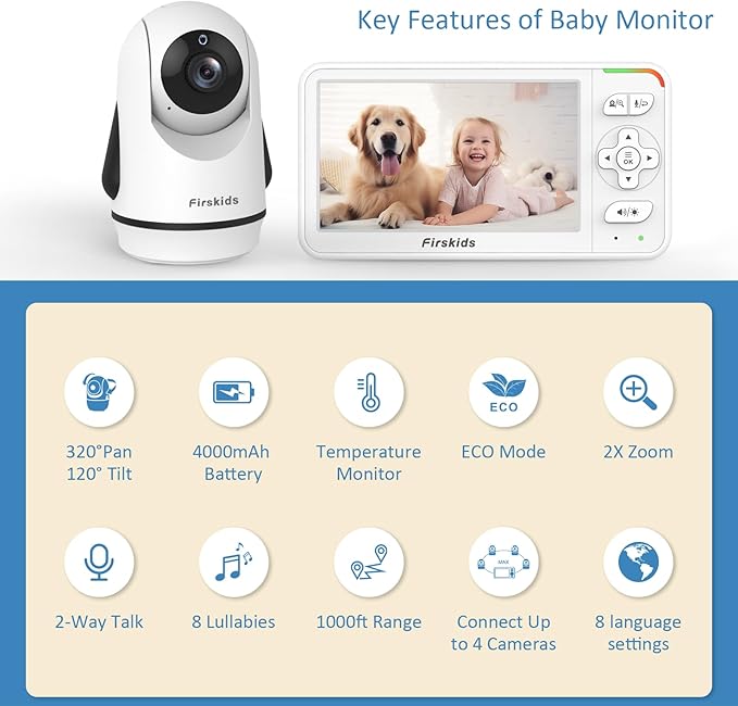 Baby Monitor, 5” Video Baby Monitor with Camera and Audio, 32-Hour Battery, Non WiFi, 2 Way Talk, Temp Sensor, Auto Night Vision, Pan Tilt Zoom Camera, Suitable for Monitor Baby and Elderly