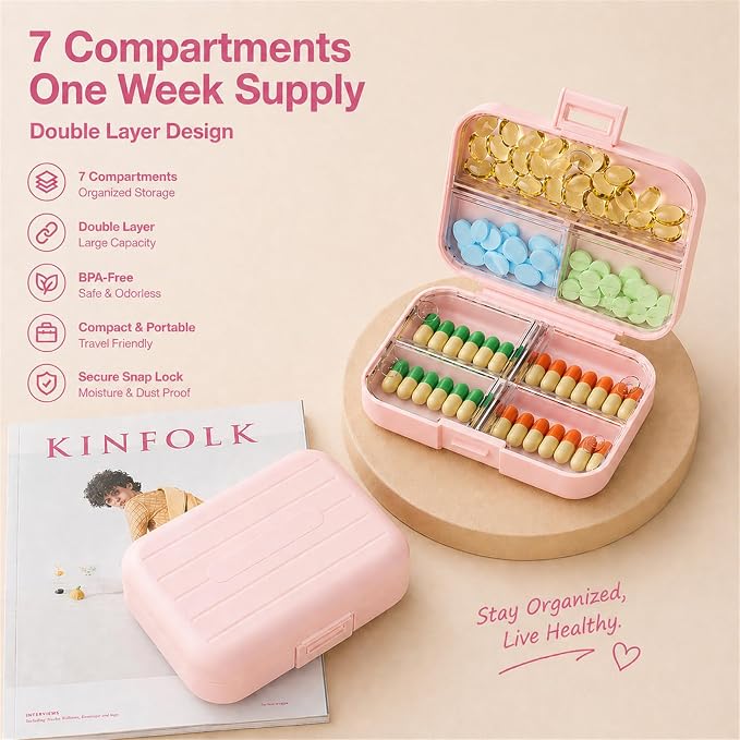 Travel Pill Box, Double Layer 7-Compartments Large Pill Organizer, 4.3" x 3.1" x 1.4" Portable Weekly Pill Case Container for Pocket, 7 Day Compact Medicine Holder for Vitamins, Fish Oils Pink