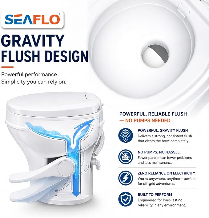 SEAFLO RV Toilet – 18.4" Residential Height, Gravity Flush Foot Pedal, 4-Year Warranty, Fits Most RVs (9.5" Rough-In), Soft Close Seat, 2-Bolt Mount, for Camper Travel Trailer Motorhome SFRTPH-01-01