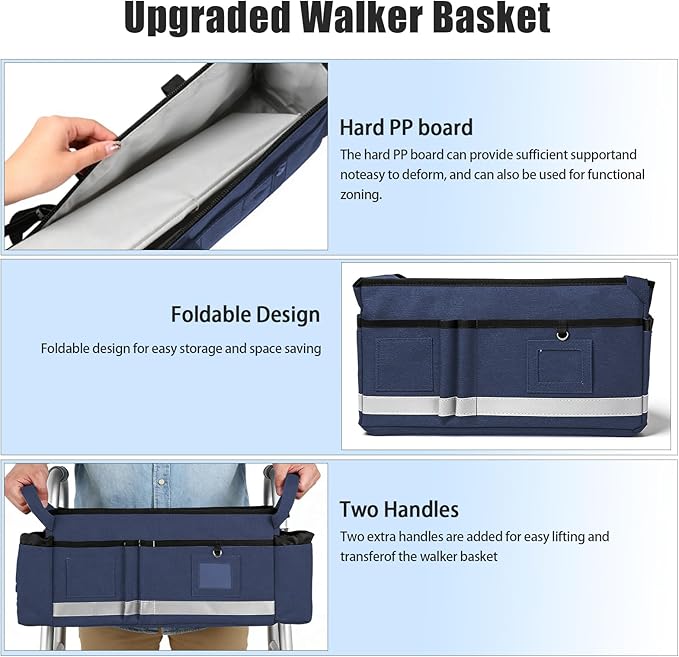 AMEDELE Walker Basket for Seniors With Cup Holder, Foldable Walker Bag with Large Capacity,Walker Accessories for Folding Walker-Not Fit for Rollator (Blue)