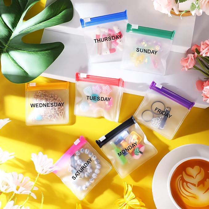 Sherr 35 Pcs Pill Pouch Bags with Zipper Pill Pouch Set Travel Reusable Translucent Medicine Organizer Self Sealing Plastic Bag with Slide Lock for Storage(Cute Colors,3 x 3 Inch,Week Style)