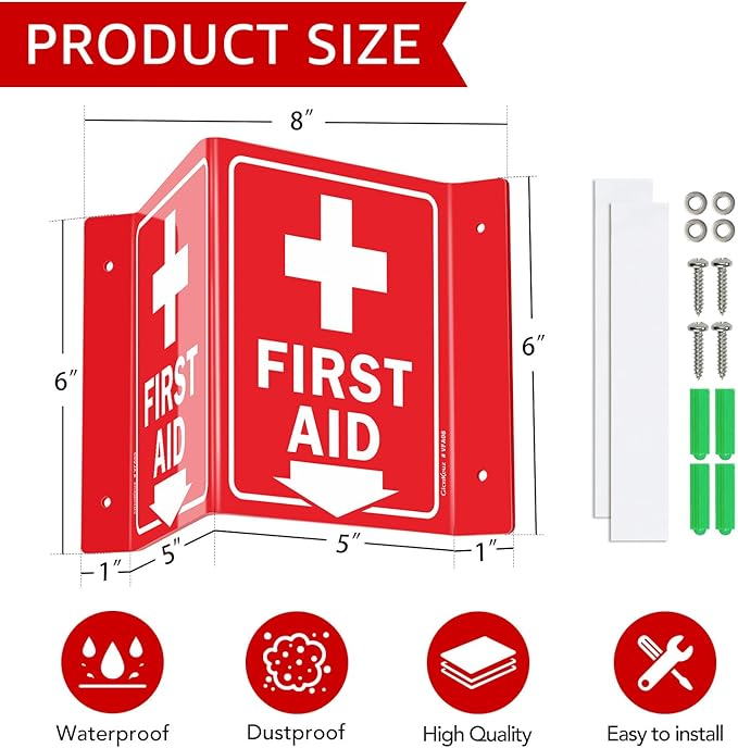 GicnKeuz First Aid Sign, 8" x 6" First Aid with Cross Symbol, Two-Sided Acrylic V-Sign for Business or Office or Wall Décor, Including Screws, Easy to Install (2 Pack)