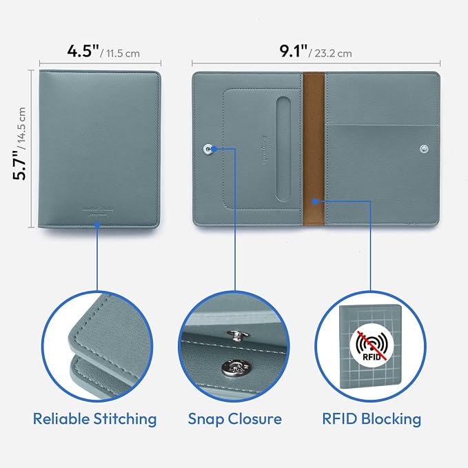 Premium RFID Blocking Leather Passport Holder & Wallet – Fog Blue | Family Travel Document Organizer – for 2 Passports, Cards, Boarding Passes & Travel Essentials