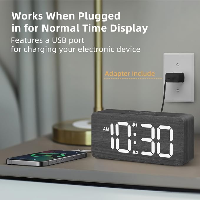 uscce Wooden Digital Alarm Clocks for Bedrooms with 0-100% Dimmable Display | Desk Clock with Large Numbers for Living Room - Loud Dual Alarm for Heavy Sleepers with Volume Control - Wood Decor & Gifts