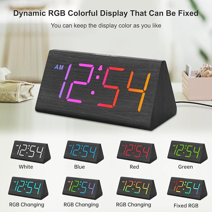 DreamSky Wooden Digital Alarm Clock for Bedroom with RGB Large Numbers | Electric Desk Clock, USB Port, Loud Alarm for Heavy Sleepers, Dimmer and Volume Control, Snooze, Wood Décor, Adapter Powered