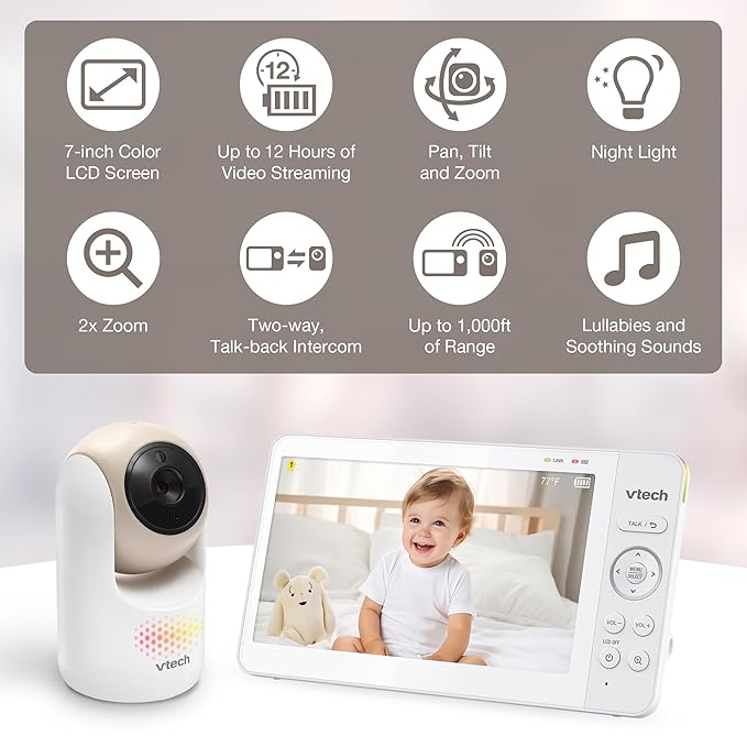 VTech Video Baby Monitor with 7" Color LCD Screen, Rechargeable Battery, Video Streaming, Audio Streaming, Pan-Tilt-Zoom, Touch Multi-Color Night Light, Two-Way Talk, Long Range: Advanced Max Tan