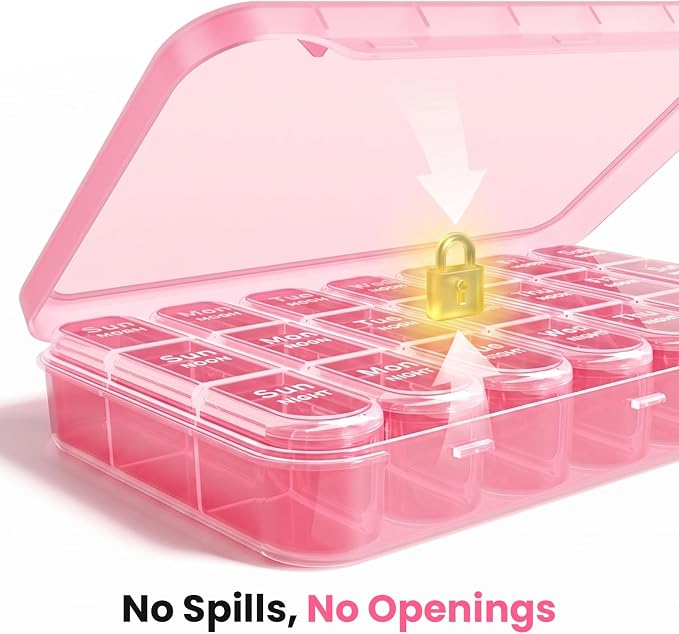 Pill Organizer 3X a Day, Medicine Pill Organizer 7 Day, Weekly Pill Case with 21 Compartments for Medicine, Vitamin and Supplement - Full Pink