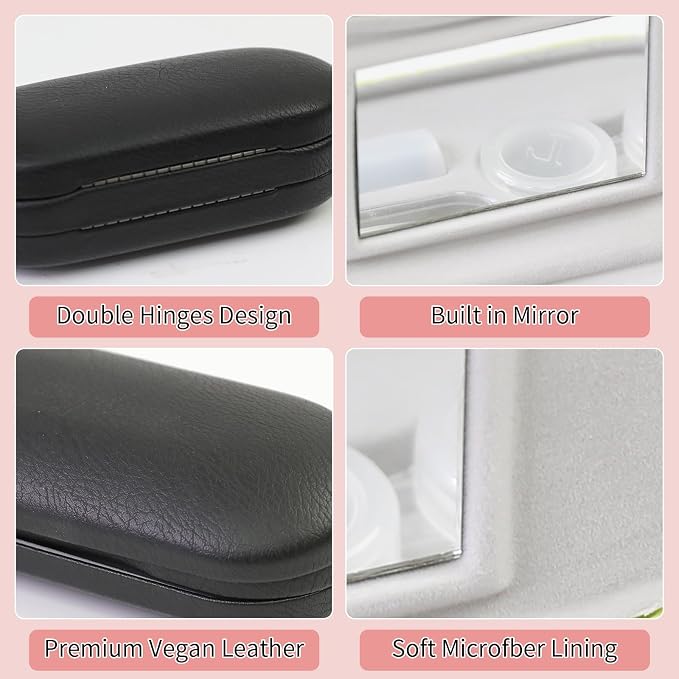 2 in 1 Contact Lens Case and Eyeglasses Case for Women Men Kids, Double Sided Hard Shell Portable Glasses Travel Holder with Built-in Mirror, Contact Lens Box Storage Kit, Black