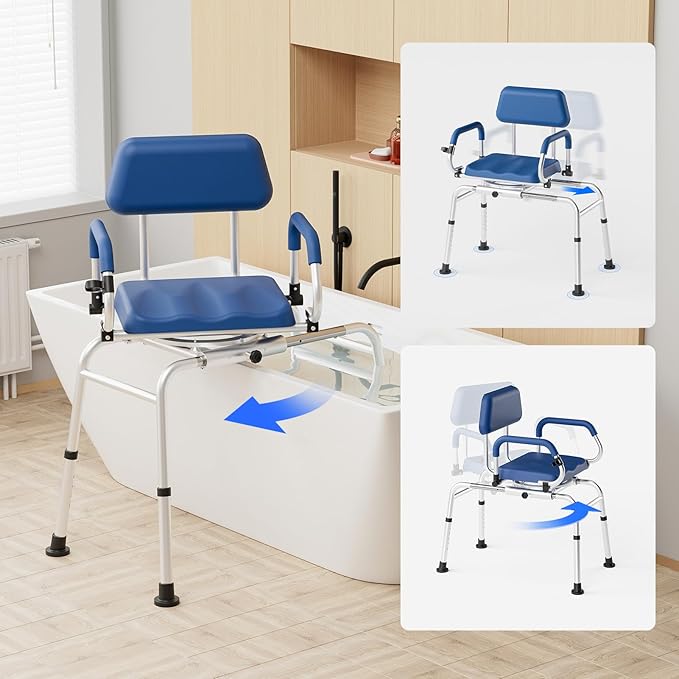 Sliding Shower Chair Tub Transfer Bench with Swivel Seat, Premium Padded Seat and Backrest, Pivoting Arms, Height Adjustable for Tubs, Inside Shower, for Handicap & Seniors，350 Lbs