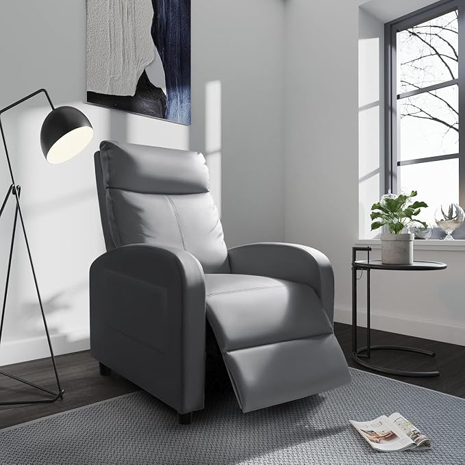 Homall Recliner Chair, Recliner Sofa PU Leather for Adults, Grey Recliners | Home Theater Seating with Lumbar Support, Reclining Sofa Chair for Living Room