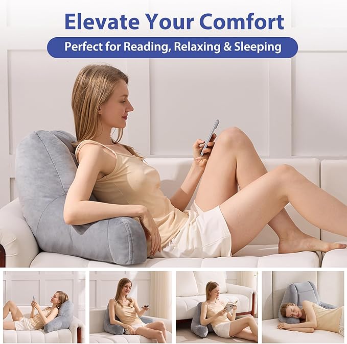 Reading Pillows for Sitting in Bed Adult, Back Pillow for Bed Sitting Up, Backrest Pillows with Shredded Foam for Adult&Teens, Support Pillow with Arms for Beds, Couch, Floor, 20in, Grey