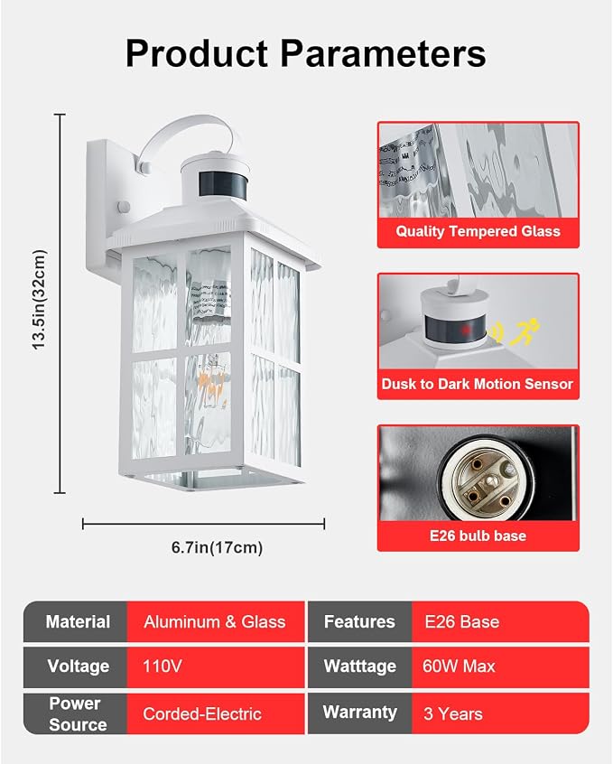 Motion Sensor Porch Light Dusk to Dawn Outdoor Wall Light | Exterior Lighting Fixtures Modern Outside Wall Mount Coach Lamp for House Garage Patio Front Door(White)