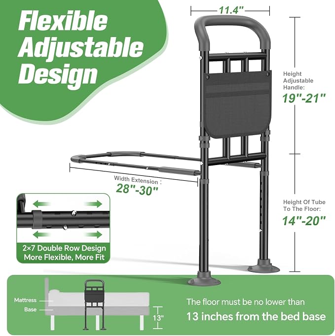 Bed Rails for Elderly Adults Safety with Ergonomic Padded Handle, ASTM Approved Adjustable Bed Assist Rail for Seniors, 400lb Weight Capacity, Fixing Strap&Storage Pocket, Fits Twin/Full/Queen/King