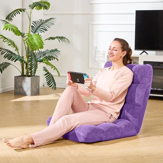 Folding Floor Gaming Chair, Adjustable 14-Position Backrest, 6-Inch Thick Flannel and Skin-Friendly Cotton Sponge, Breathable, Ideal for Gaming, Meditating, Sleeping, Purple