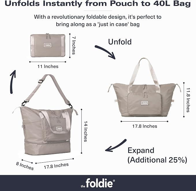 The Foldie Foldable Travel Bag for Women - 40L Weekender Bag with Multiple Pockets - Carry On Expendable Travel Bag