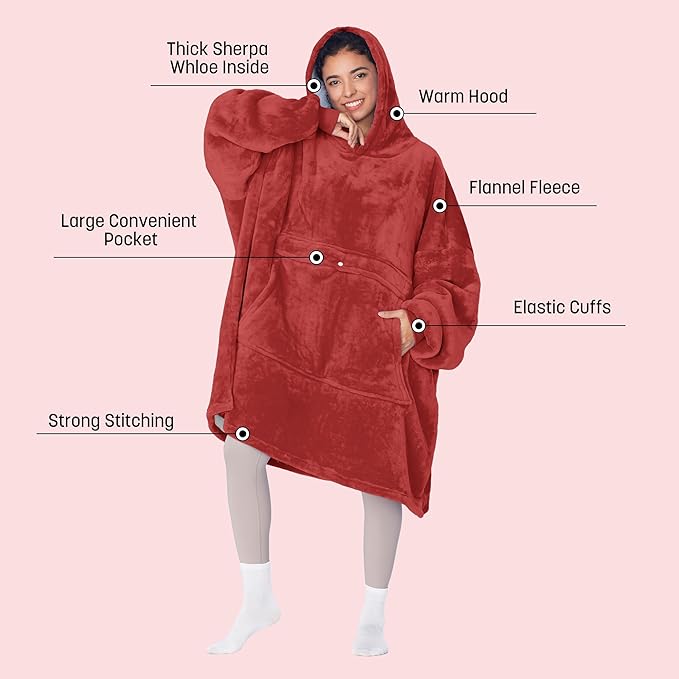 Catalonia Oversized Blanket Hoodie Sweatshirt, Wearable Sherpa Lounging Pullover for Adults Women Men