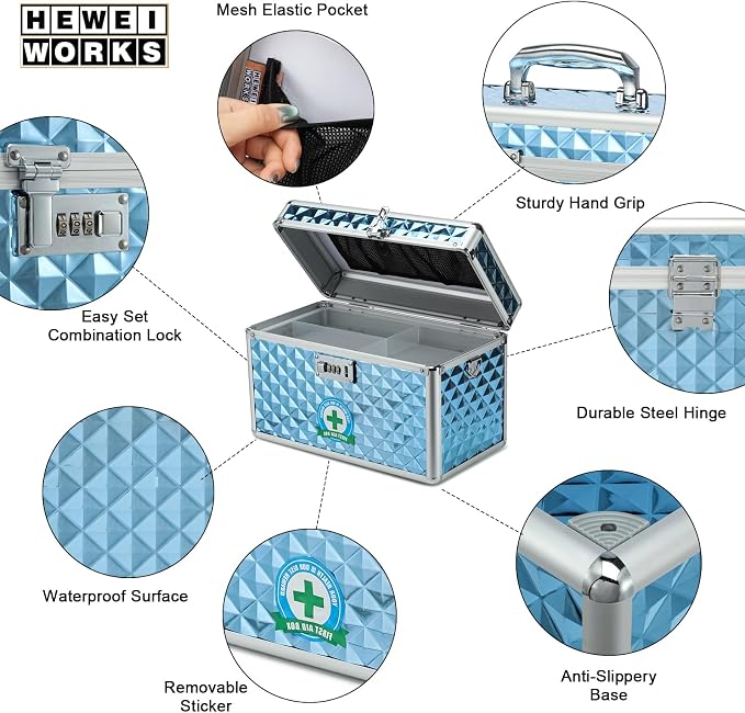 Storage Lock Box with Combination Lock, Lockable Medicine Storage Box, Empty First Aid Box, Security Lock Box, Multipurpose Locking Box for Home and Outdoor Use (Blue, Large)