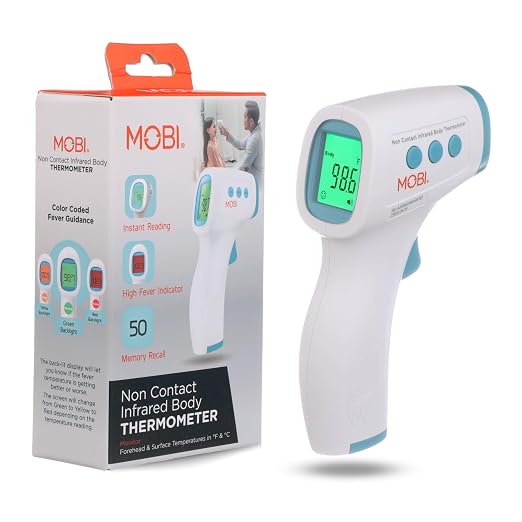 MOBI No Touch Forehead Thermometer for Baby, Kids & Adults, Fast 1-Second Digital Infrared Thermometer, Fever Indicator, Silent Mode, Touchless with Object & Room Mode