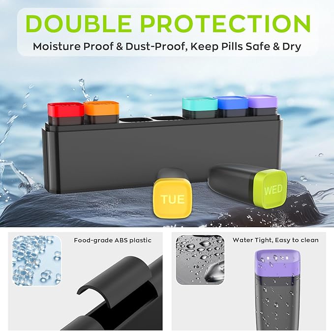 Weekly Pill Organizer 1 Time a Day, HIONXMGA Portable Detachable Travel Pill Box 7 Day, Large Once Daily Pill Holder Case, Color-Coded Dispenser for Vitamin Medicine Supplement Fish Oil, Black