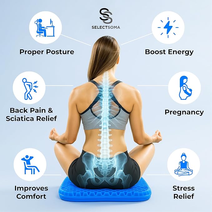 SelectSoma Gel Seat Cushion for Long Sitting, Pressure Relief for Sciatica, Tailbone, Coccyx & Back Pain, Office Chair, Wheelchair, Car & Truck – Large Size Blue Gel