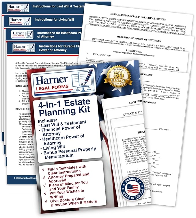4-in-1 Estate Planning Kit – Last Will & Testament + Financial POA + Healthcare POA + Living Will – Attorney-Drafted Templates with Instructions