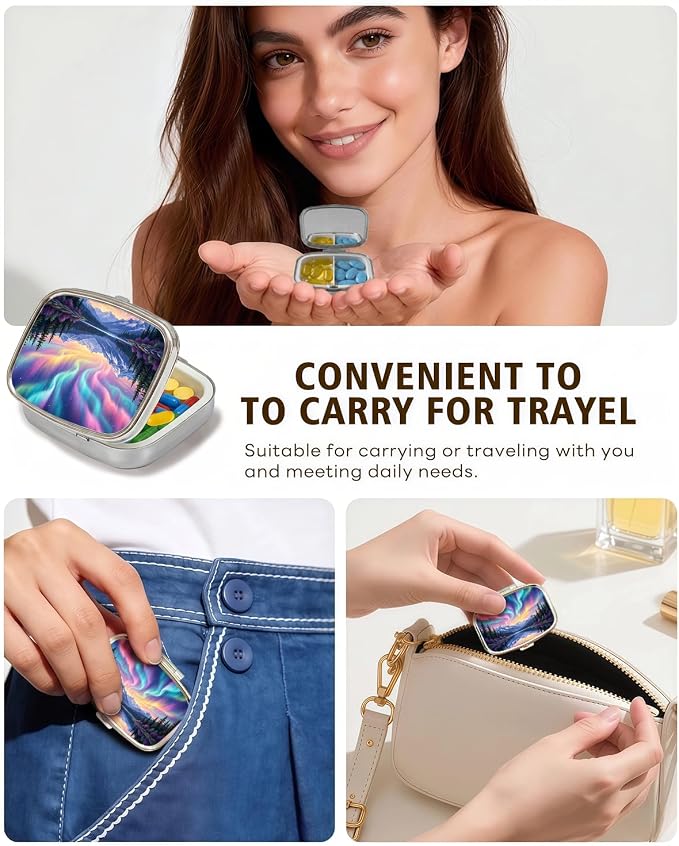 LRITER Pill Case, 2 Compartment Portable Small Travel Pill Organizer for Purse and Pocket, Stylish Medicine Case with Multiple Patterns, Daily Pillbox for Home & Travel (Aurora)