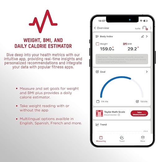 Taylor Smart Bathroom Scale with Precision Hub App, Digital Body Weight Scale, 400 lb Capacity, 8 User Profiles, Smart App Connectivity, Sync to 3rd Party Apps, BMI Tracking, Glass Platform, Charcoal