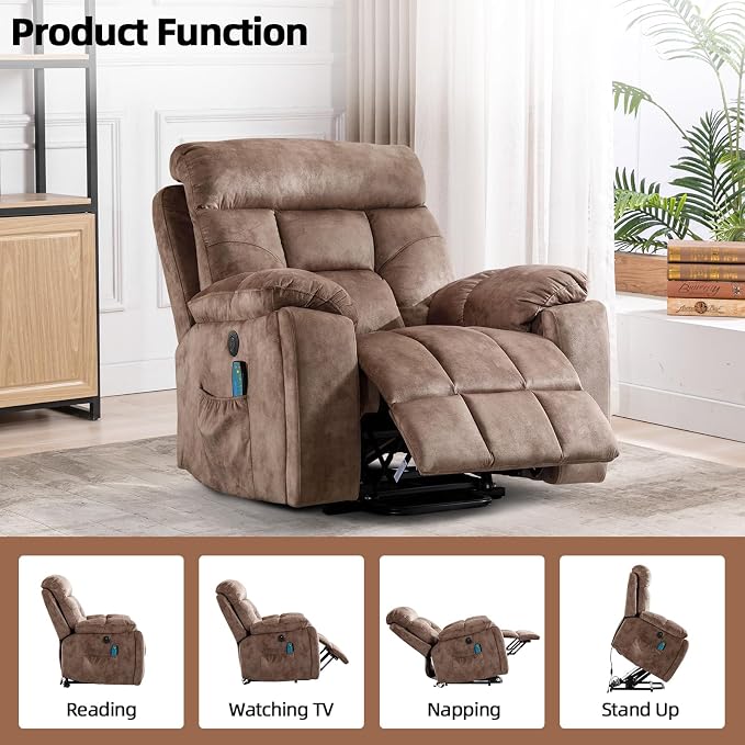 Large Power Lift Recliner Chair with Massage and Heat for Elderly Big and Tall People, Overstuffed Wide Recliners with 2 Cup Holders, Side Pocket and USB Port, Camel