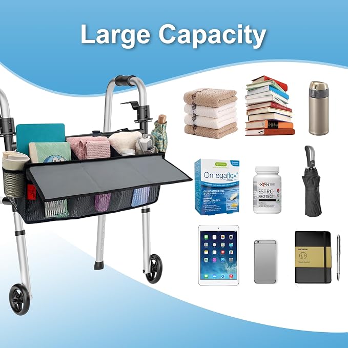 Extra Large Bariatric Walker Basket for 21"-26" Width Folding Walker/Rollators, Extra Wide Walker Storage Baskets with Cup Holder, Lid & Multiple Pocket, Easy to Use Walker Tote Bag for Seniors, Grey.
