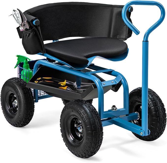 Goplus Garden Seat with Wheels, Rolling Gardening Stool with Adjustable 360° Swivel Seat, Tool Tray & Storage Basket, Extendable Handle, Outdoor Gardening Scooter, Garden Cart Workseat for Seniors