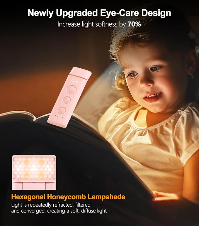 Gritin Book Light Rechargeable, Clip on LED Reading Light for Books in Bed | Eye Caring 3-Color & 5-Brightness, Stepless Dimming, Long Lasting, Compact Size Flexible Book Lamp for Bookworms-Pink