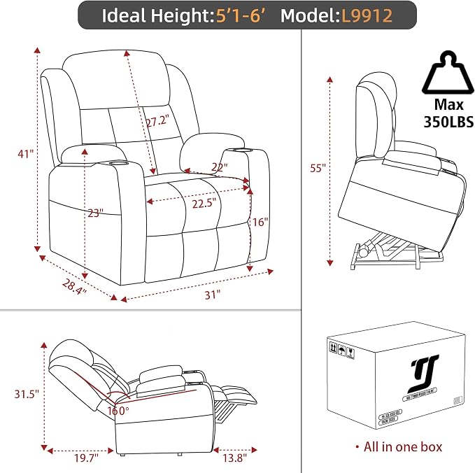 Power Lift Chair Recliners for Elderly with Heat and Massage, Recliner Chairs for Adults, Upgraded Fabric Recliner with USB & Type-C Charge Port, Cup Holders,Navy Blue,L9912