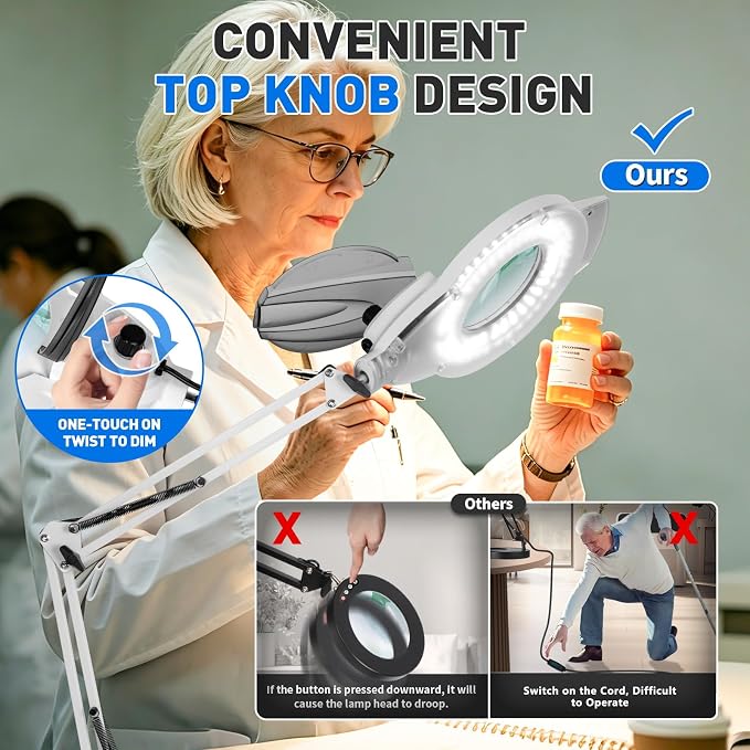 KIRKAS 12X LED Magnifying Lamp with Clamp, 2,200 Lumens Dimmable Bright | 28in Adjust Swivel Arm Magnifying Glass with Light for Repair Reading Craft Needlework Workbench Magnifier Dust Cover White